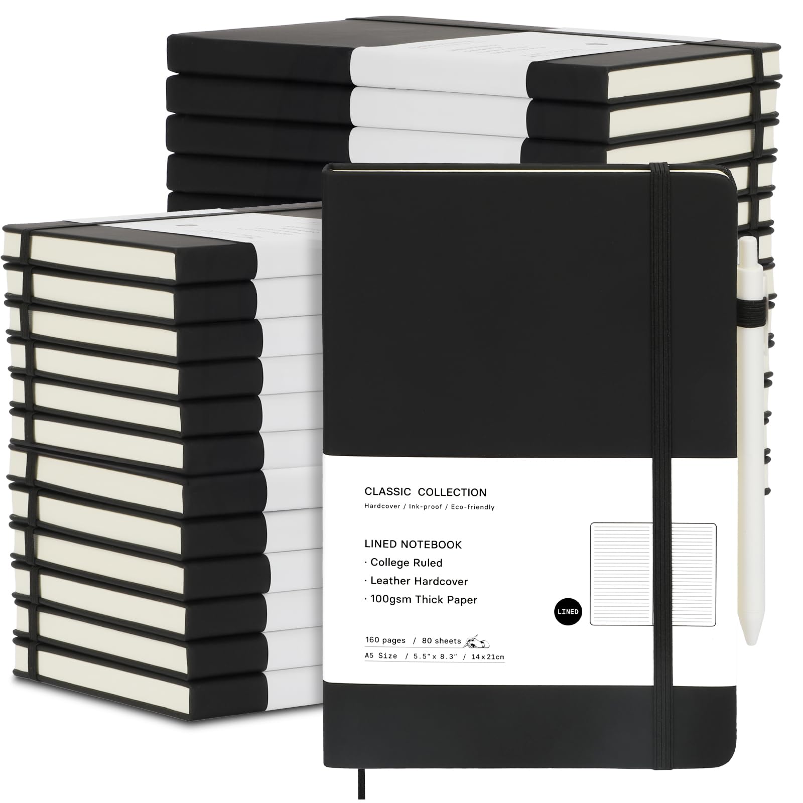 Coopay A5-Tagebuch, Notizbuch mit 24 weißen Stiften, klassisch, liniert, Hardcover, Leder, Tagebuch-Set mit Stifthalter, für Männer und Frauen, Schreiben, Büro, Zuhause, Schule, Business, 100 g/m²,