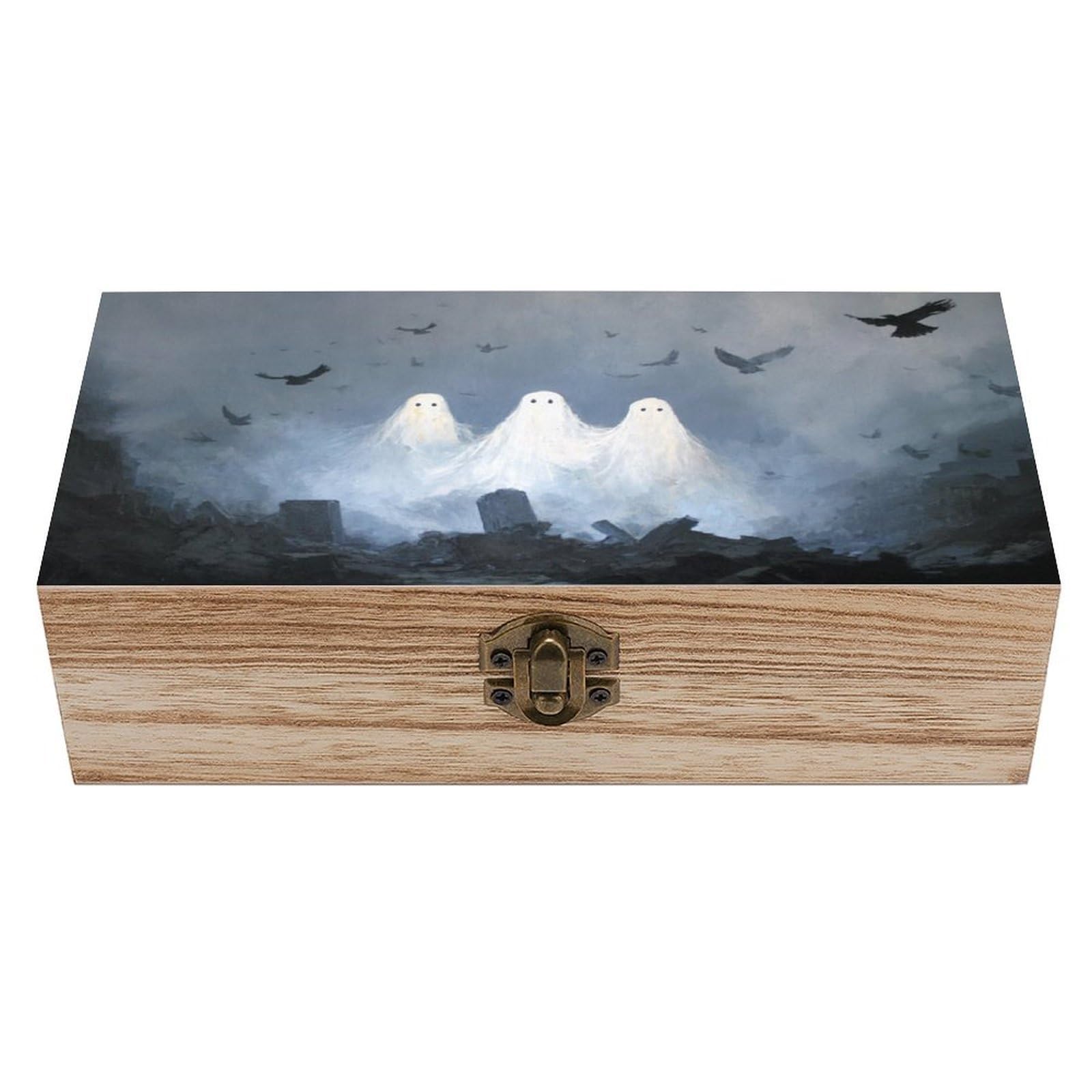 Ahdyr Ghosts Floating in The Sky Wooden Storage Box with Hinged Lid And Front Clasp Large Keepsake Box
