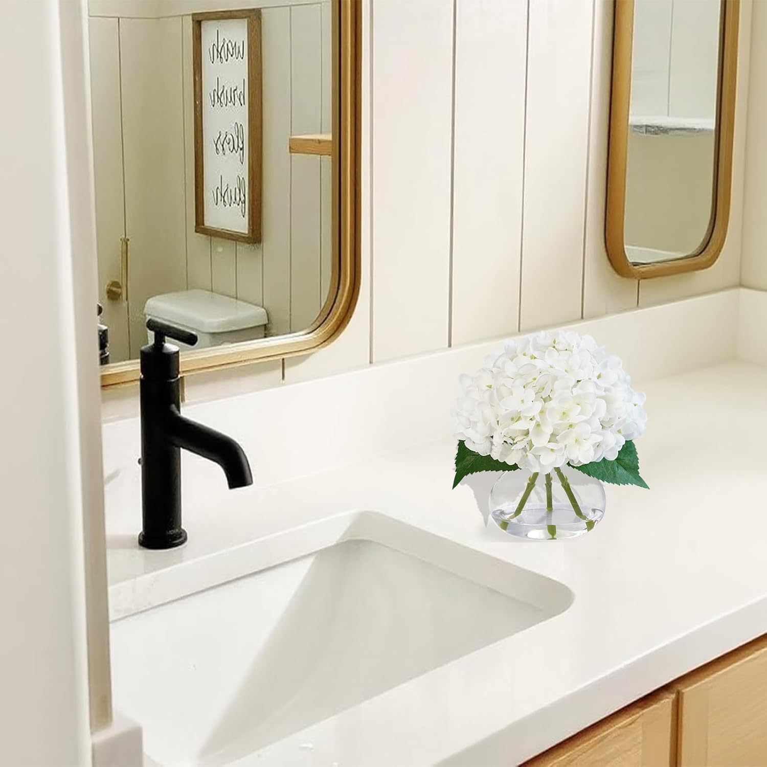 Hydrangea Artificial Flowers in Glass Vase, White Silk Fake Flowers Silk Centerpiece Table Decorations for Dining Room, Coffee Table Decor,Wedding, Home with Faux Water Decor(White) - Image 8