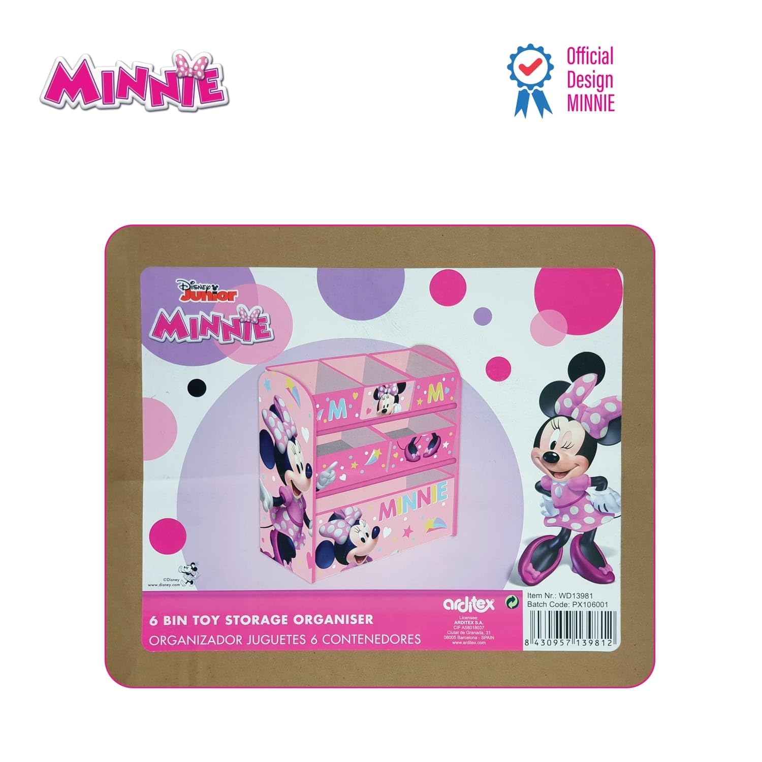 ARDITEX – Organizer aus Holz mit 6 Textilboxen mit Minnie-Mouse-Motiv von Disney – 62x30x60 cm – Farbe Rosa – Perfekt zum Aufbewahren von Spielzeug im Kinderzimmer