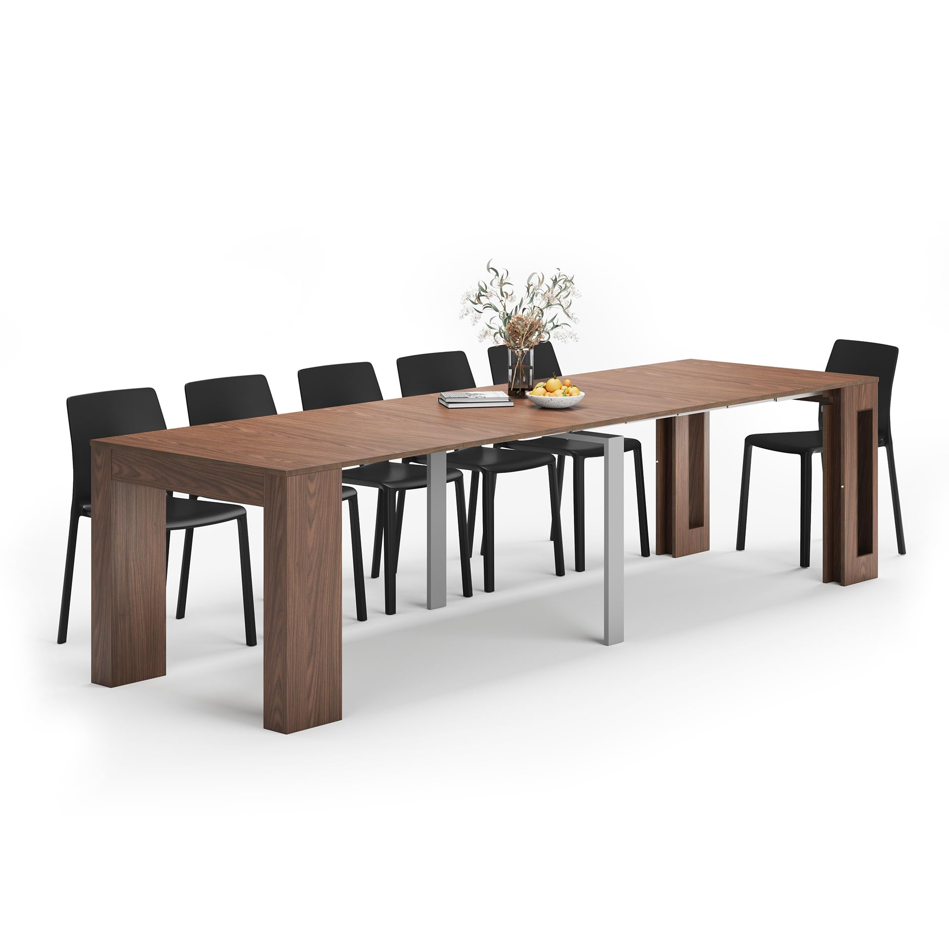 Mobili Fiver, Easy, Extendable Console Table with extension leaves holder, 45(305) x 90 cm, Canaletto Walnut, Made In Italy