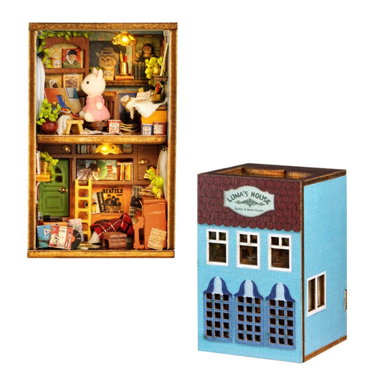 DIY Dolls House Kit, CUTEROOM Miniature Dolls House Kit with Furniture and LED Lights, DIY Mini Rabbit Wooden Dollhouse Miniature Building Town Kits for Women Girls Birthday Gifts (Luna's House)