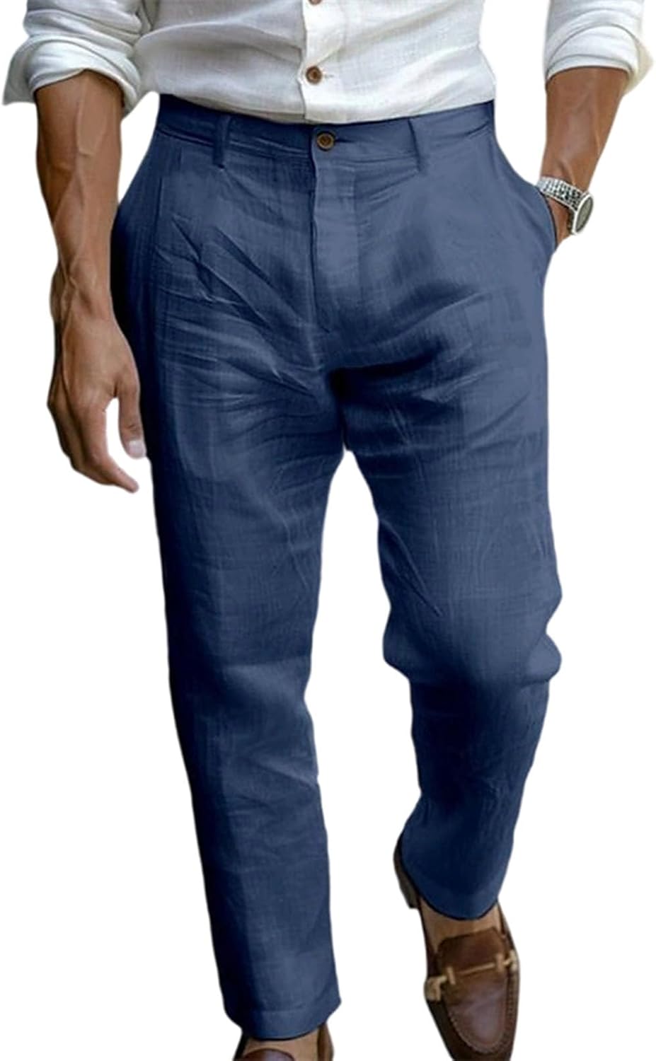 Men's Linen Suit Pants Fashion Solid Color Button Zipper Closure Dressy Casual Wide Leg Sweatpant Work Trousers