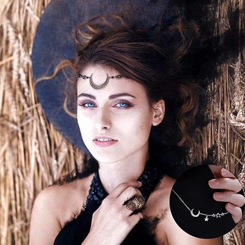 Miniatura 4 de Diadema de luna, diadema de bruja, corona de hada, cadena para el cabello, joyería de bruja para mujer, elfo vikingo, luna, diosa, disfraz, 1 unidad