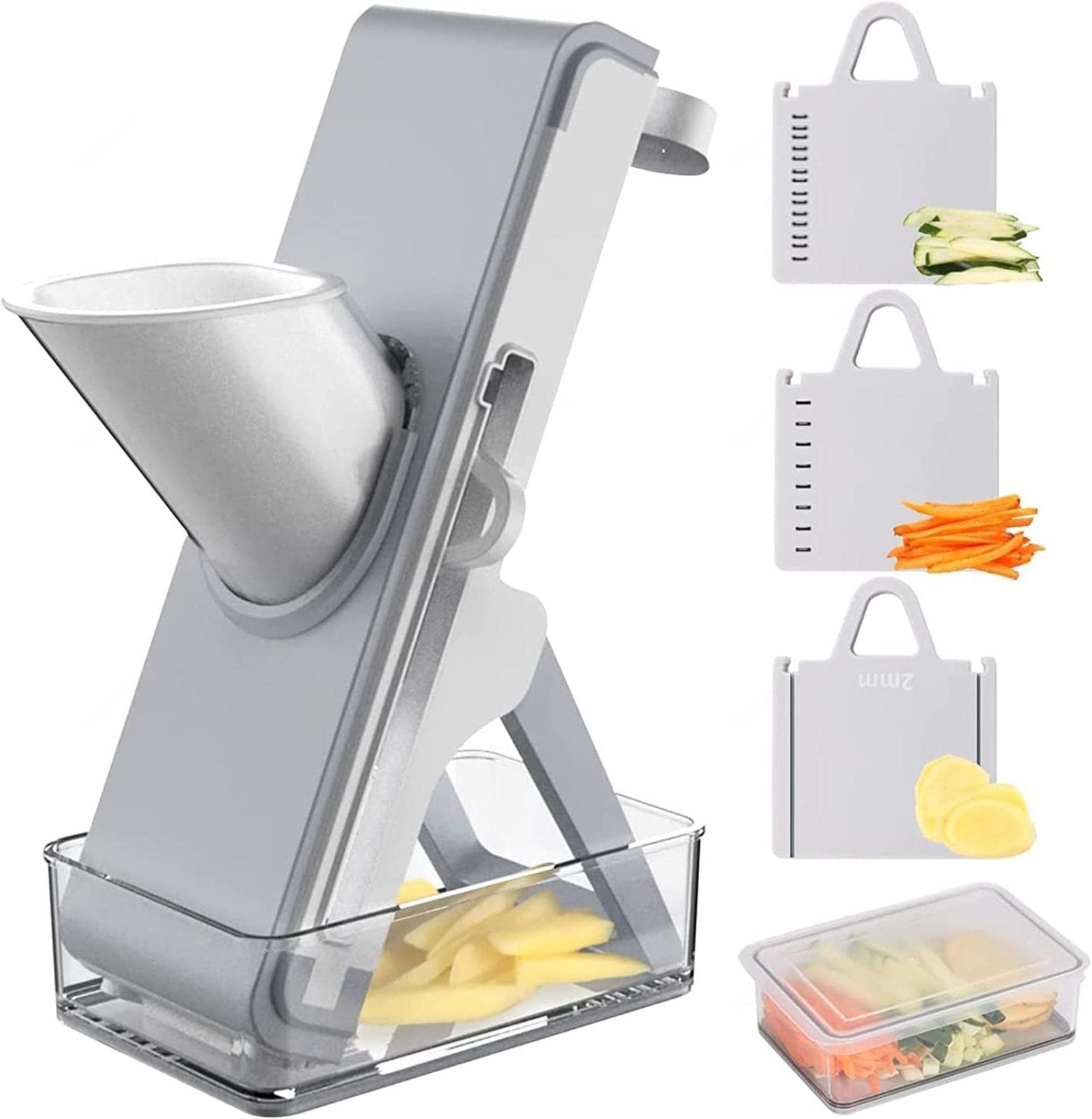 Affettatrice Mandolina Sicura per Cucina, Tritaverdure 4 in 1 Strisce Affettatrici Alimentari Regolabili Julienne Dicer Gadget Verticale per Patate, Cipolle, Cetrioli, Carote, Carne,B