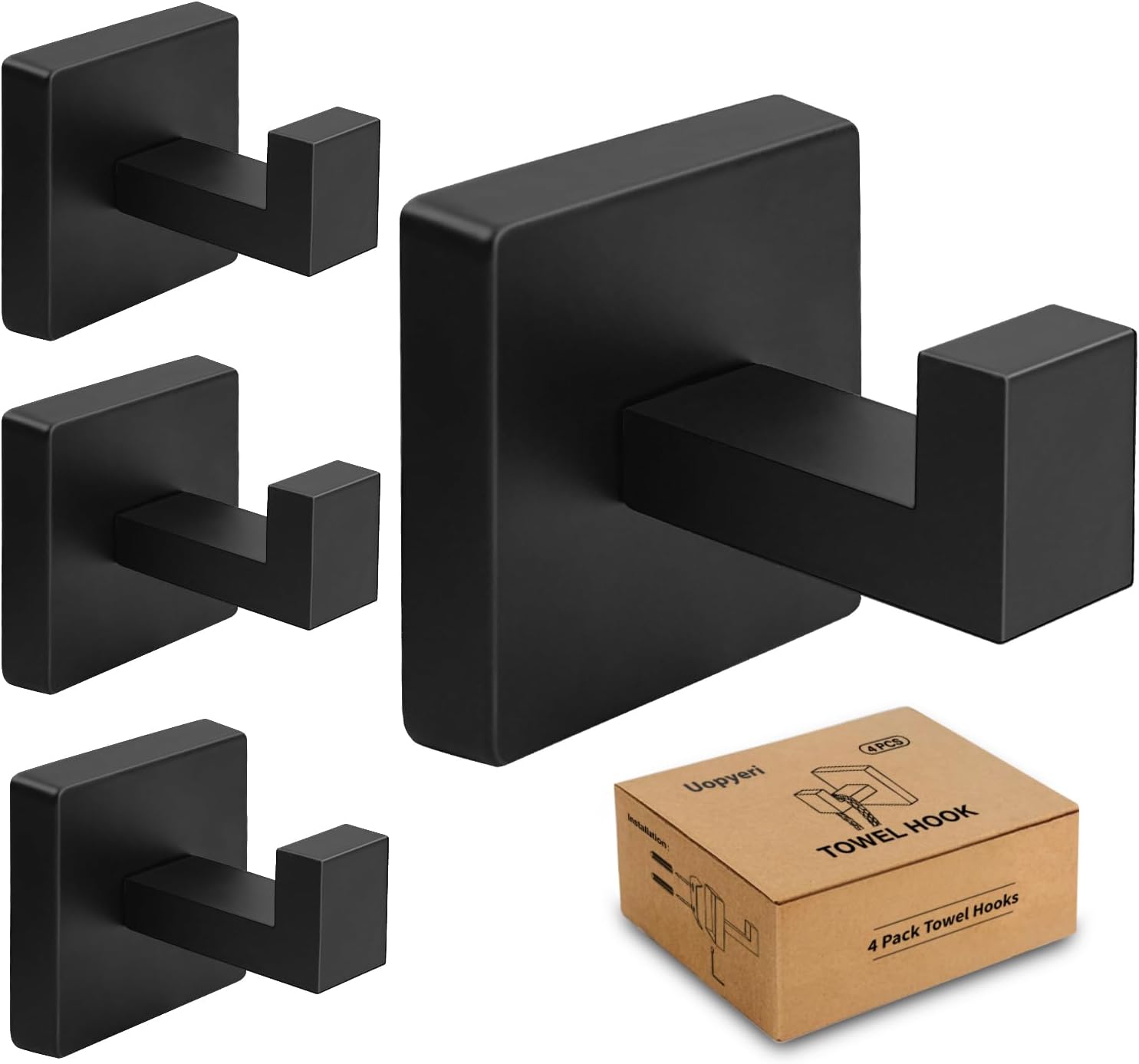 4 Pack Matte Black Towel Hooks for Bathroom, Heavy Duty 33lb Stainless Steel Wall Hooks, Modern Square Robe Hook Screw Mounted for Hanging Coats, Hats, Bags, Rustproof Hardware