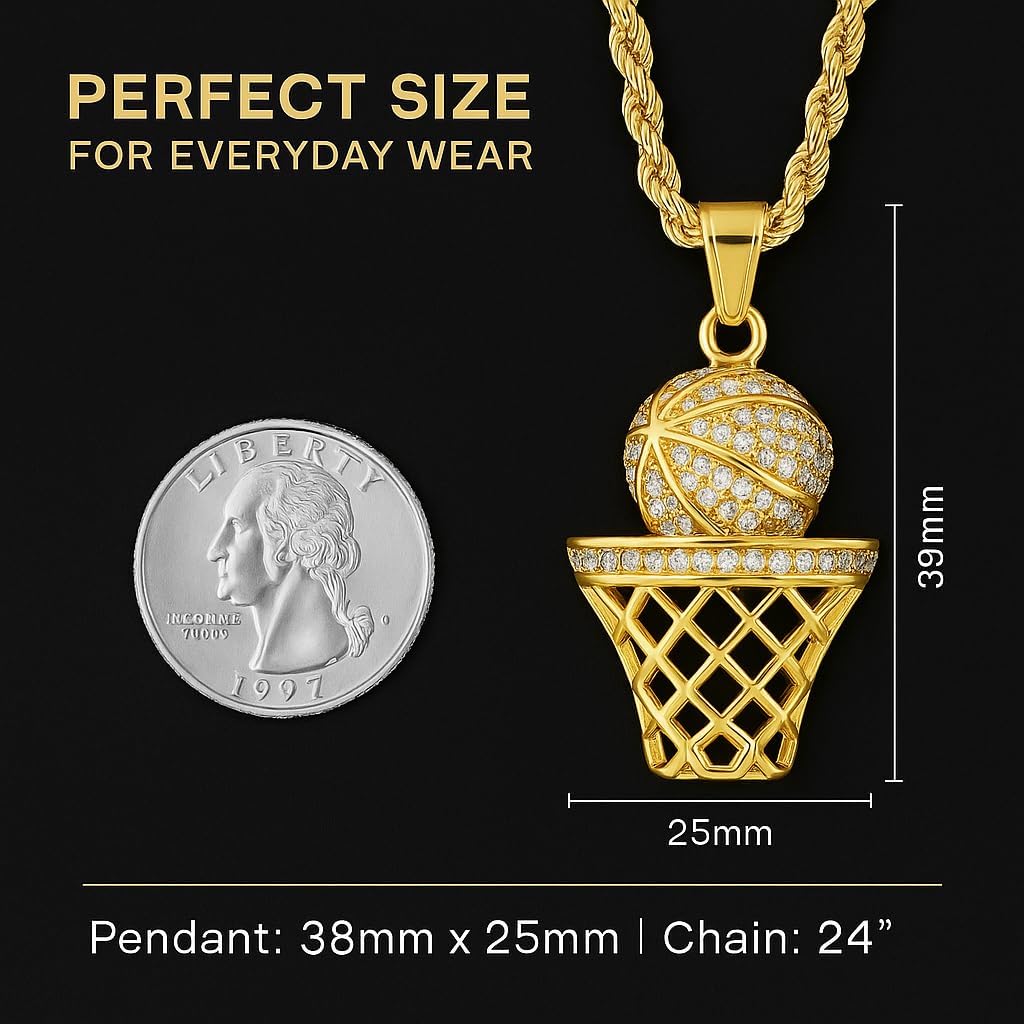 Basketball Necklace - 18K Plated Basketball Chain with Hoop for Men, Women, Teens - Gold, Silver & Black Color Options - Stainless Steel Sports Pendant with Simulated Diamond CZ Stones - Image 5