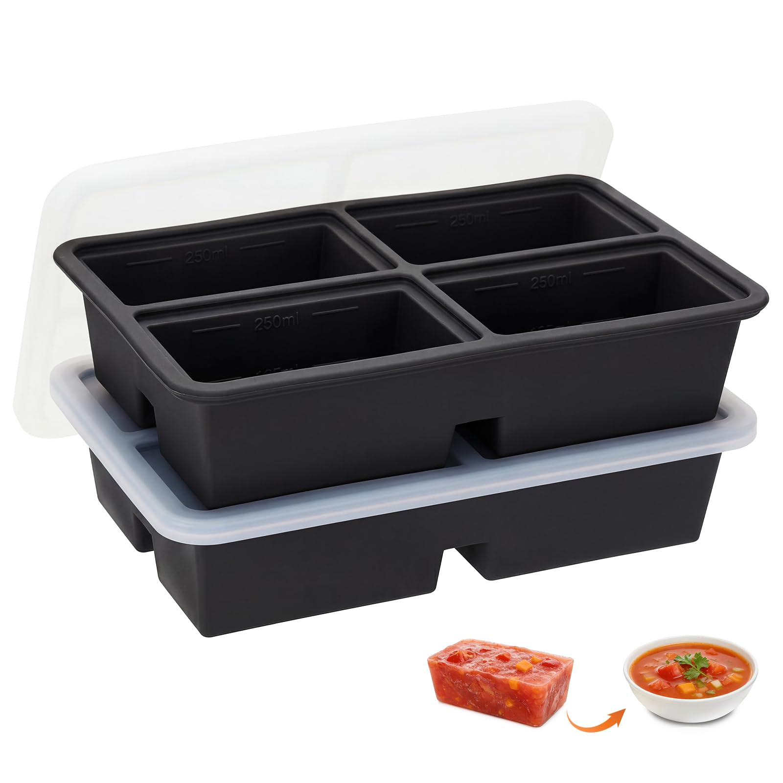 Defresit 2 PACK Extra-Large Silicone Freezing Tray with Lid, Freezer Trays For Batch Cooking, Soup Freezer Containers, Large Ice Cube Tray for Soup Sauce Meal Prep, BPA Free(Black)