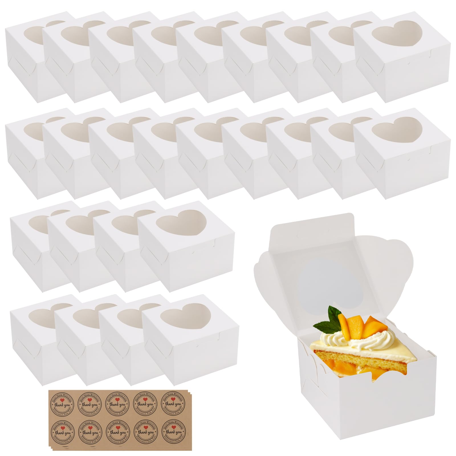 Pingeui White 50 Pcs Small Cake Boxes, 4 Inch Cupcake Boxes With Heart Shaped Window And Stickers, Individual Cupcake Containers For Cakes Cookies Cupcake Candy Pies Pastries Dessert,10X10x6.5cm