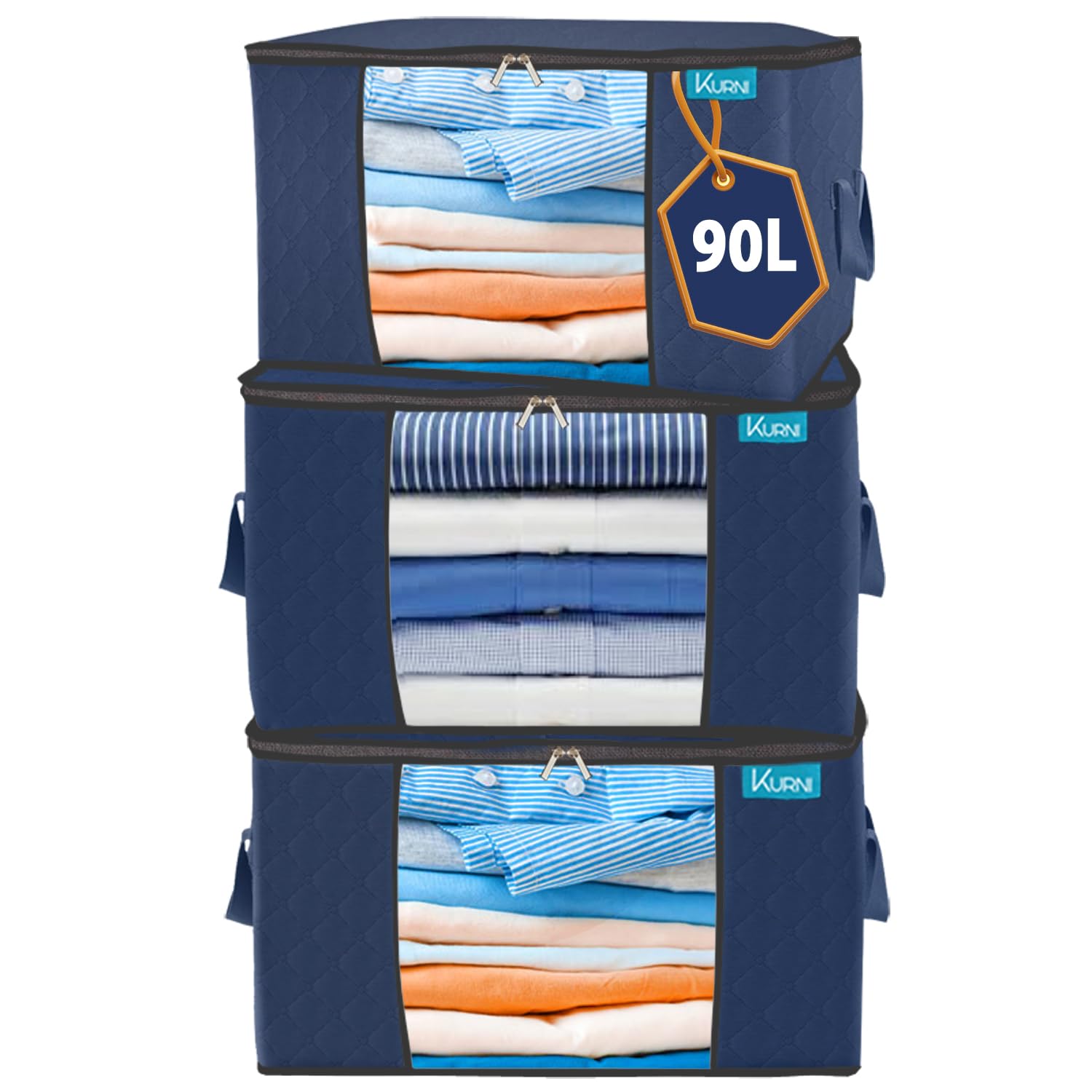 KURNI Clothes Storage Bags Organizer 3 Pack Navy Blue, Large Moving Boxes 90L Capacity, 3 Sided Zipper Storage Box. Dust/Mites Proof 55 x 43 x 35cm