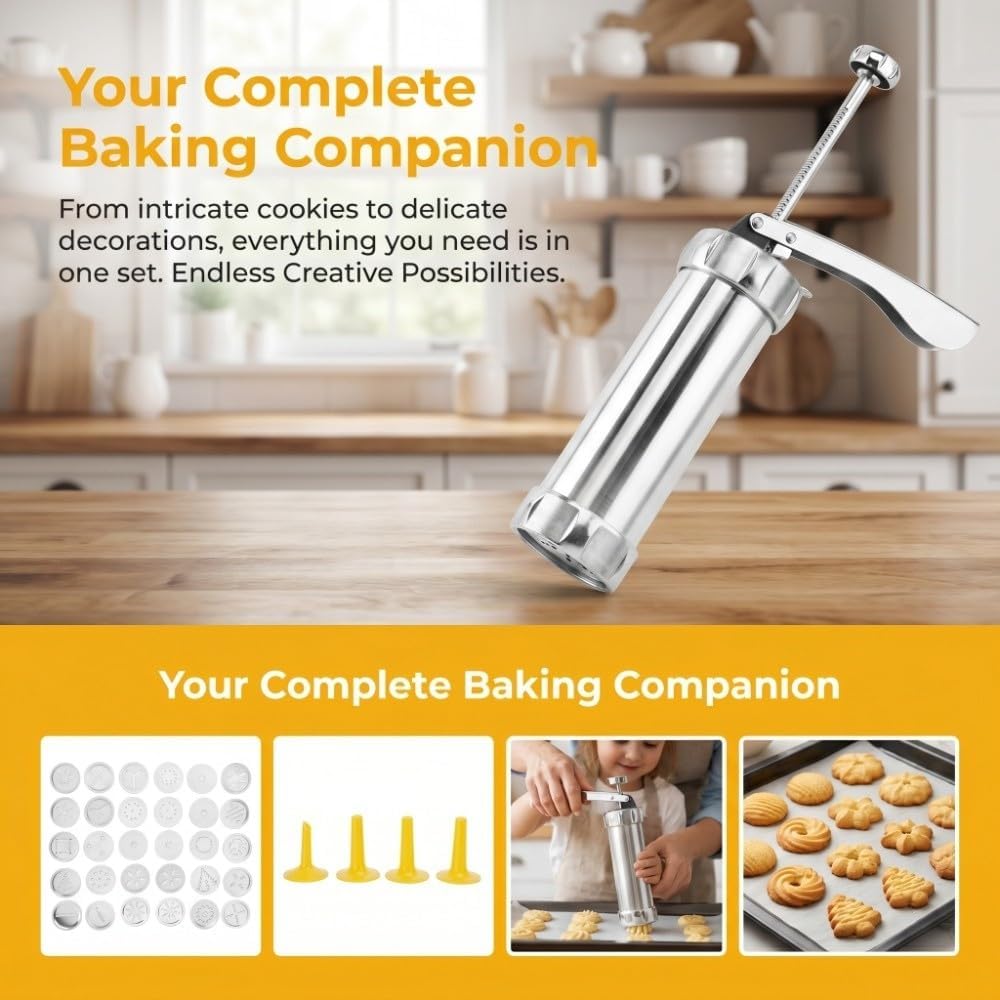 Cookie Press Maker Kit, Aluminum Alloy Cookie Maker Machine Biscuits Mould Set with 20 Pattern Discs and 4 Decorating Tips for Baking