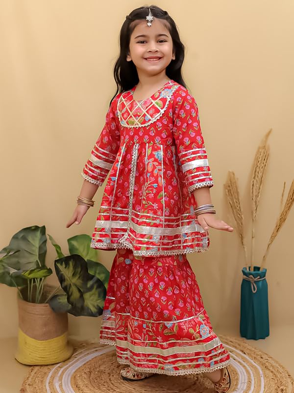 Image of superminis Girls Cotton Floral Printed Gotta Work 3 /4 Sleeves Flared Design Kurti & Sharara Set