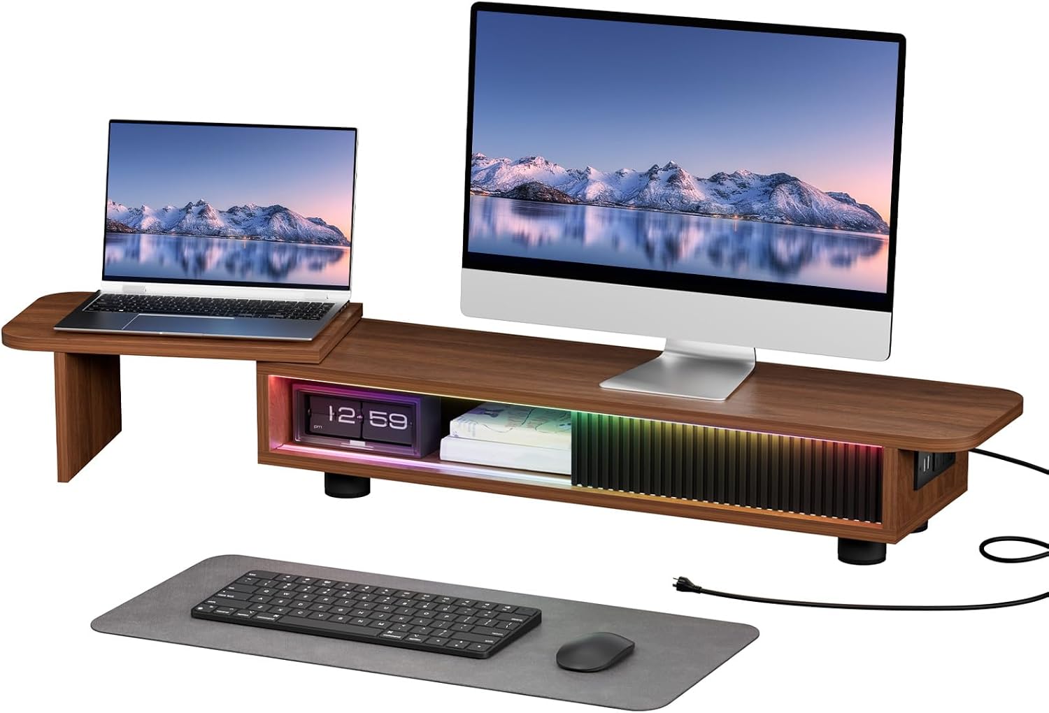 Artswish Dual Monitor Stand with Power Outlet, Brown Desk Monitor Riser