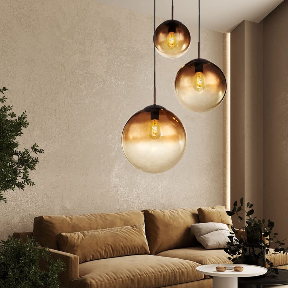 Decken Pendel Lampe amber Glas Kugel Wohn Zimmer Hänge Leuchte braun im Set inkl. LED Leuchtmittel
