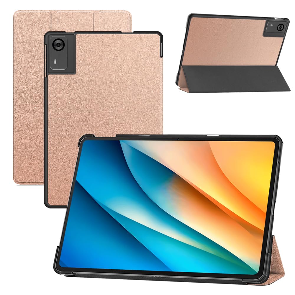 For aiwa tab AS12 (JA5-TBA1201) ケース 11.97 インチ タブレット カバー RUIXH PU素材 落下防止 滑り止め 傷防止 保護カバー 薄型軽量 全面保護 三つ折りスタンド機能 持ち運びやすい タブレット 三つ折ケース (ローズゴールド)