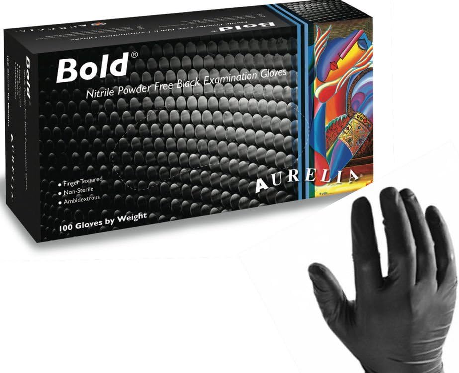 100 x Aurelia Bold Black Nitrile Powder Free Gloves Size MEDIUM - Heavy Duty Disposable Gloves