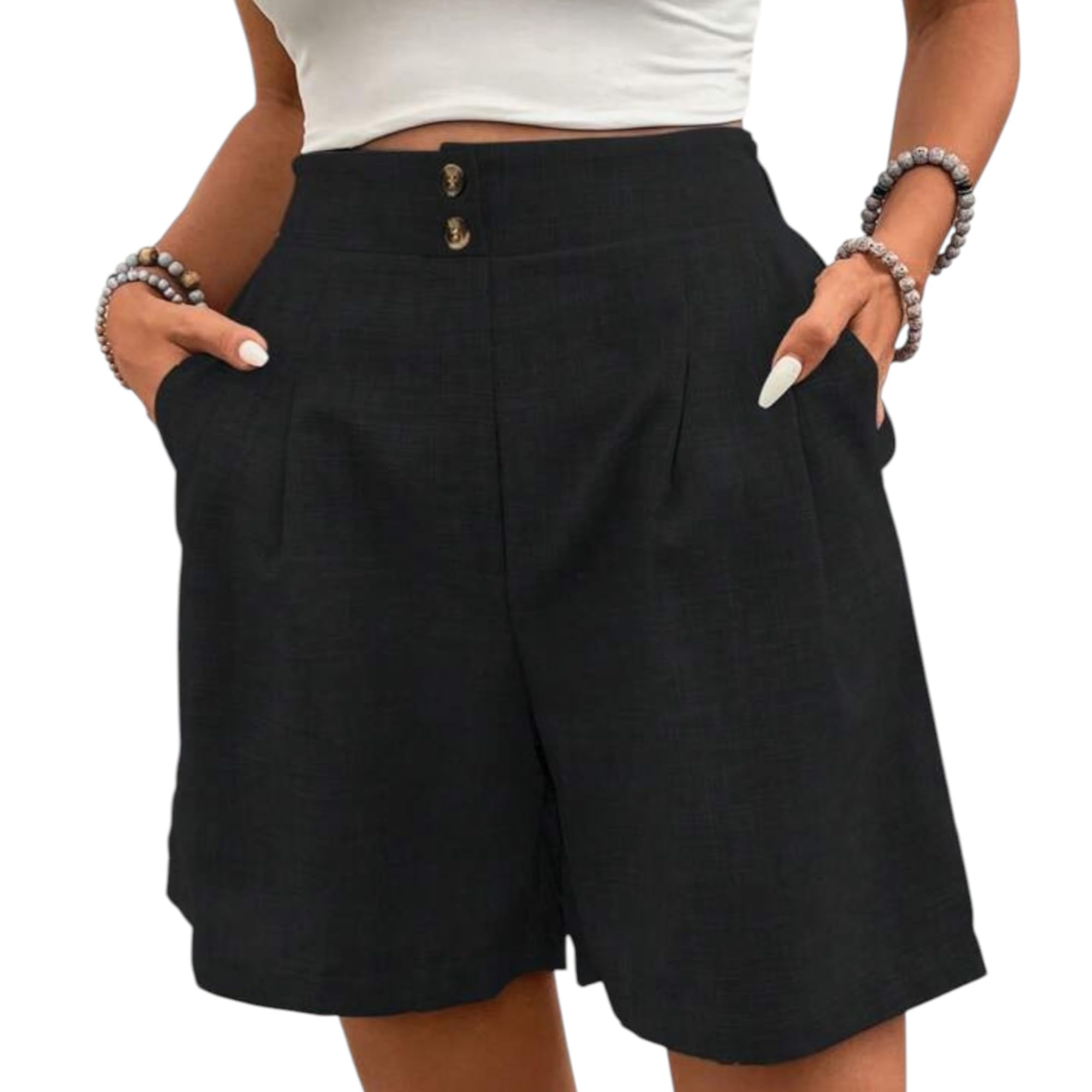 gufrina Women's Black High Waist Linen Blend Casual Shorts with Front Pleats and Side Pockets, Relaxed Fit Knee Length Bottom Wear-picture-25