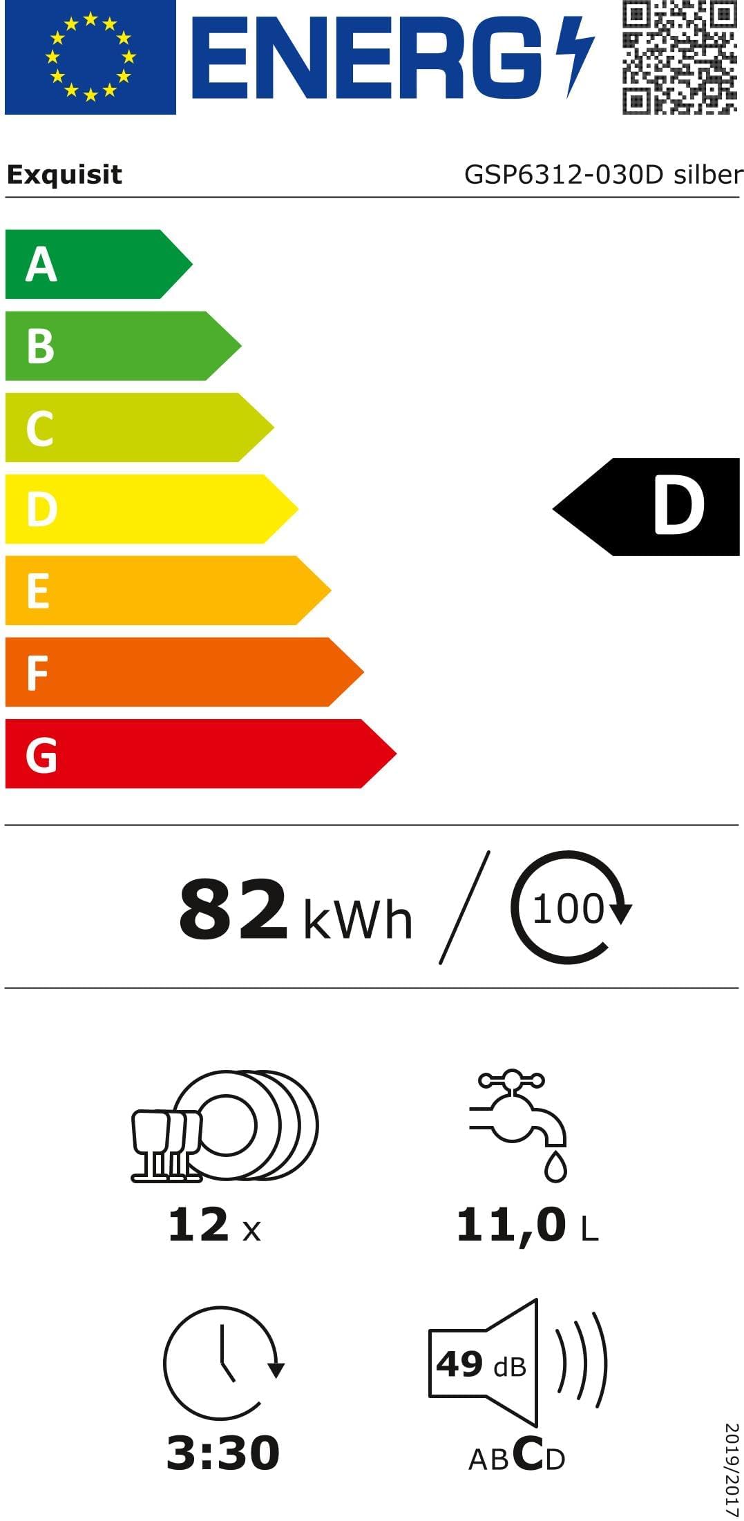 Exquisit® Lavavajillas 60Cm, Clase D, Color Plateado, 12 Servicios, 6 Programas, Inicio Diferido 24H, Indicador Falta Sal y Abrillantador, Consumo 82 kWh/100ciclos, Medidas 84,5x59,8x60 Cm.