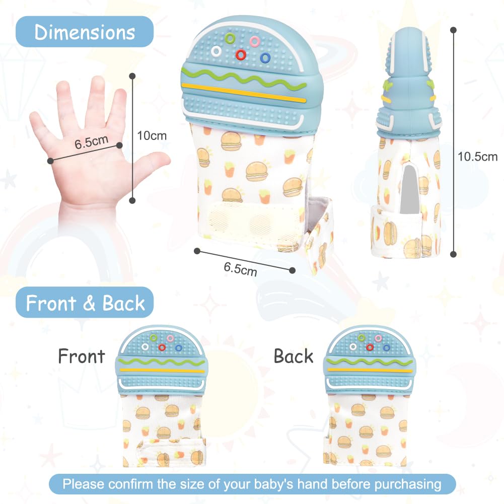 2Pack Silicone Teething Mitt, Hamburger Baby Teething Toy for 0-6 6-12 Months, Food Grade Silicone Infant Teething Mitten, BPA-Free Baby Chew Toys for Pain Relief, Sucking Needs