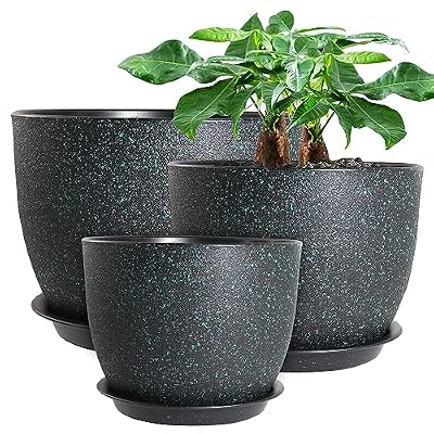 UOUZ 12/10/9 Large Modern Plant Pots, Plastic Planters with Drainage Holes and Saucers for Indoor Outdoor Plants Flowers, Black with Green Speckles
