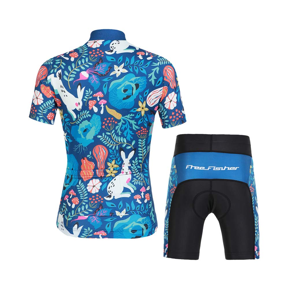 Kinder Jungen Radtrikot Set, Mädchen Radbekleidung Anzüge, Quick Dry Radsportanzug, Fahrradtrikot Kurzarm und 3D Sitzpolster Radhose, Kaninchen Wald, 122/128(Herstellergröße: L)