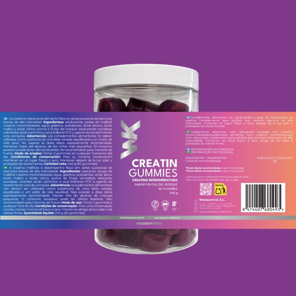 Gominolas de Creatina Monohidratada Sin Gluten, Sin Lactosa. Suplemento Deportivo en Gominolas de Creatina Pura para Fuerza, Recuperación y Crecimiento Muscular (Pack 2 unidades)