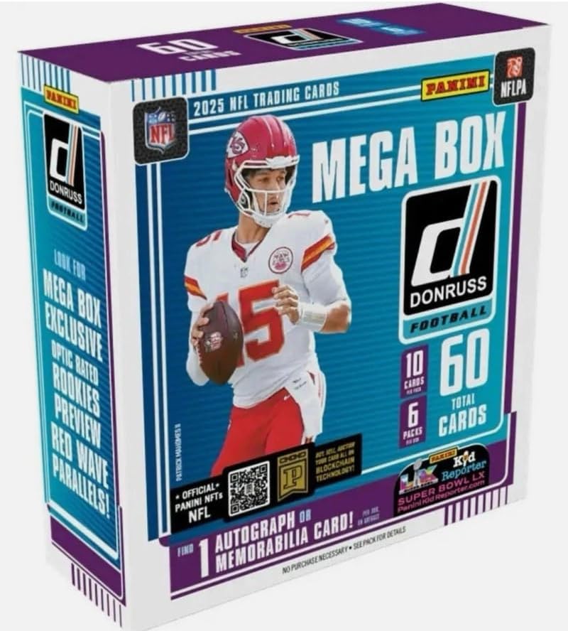 Panini 2025 Donruss Football Factory Sealed Mega Box 6 Packs of 10 Cards. Find 1 Autograph or Memorabilia Card per box on average. Look for Mega Exclusive Optic Rated Rookies Preview Red Wave. Chase the highly sought after Downtown Inserts