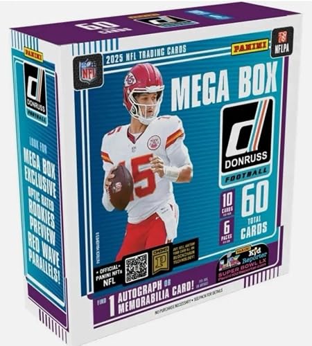Panini 2025 Donruss Football Factory Sealed Mega Box 6 Packs of 10 Cards. Find 1 Autograph or Memorabilia Card per box on average. Look for Mega Exclusive Optic Rated Rookies Preview Red Wave. Chase the highly sought after Downtown Inserts