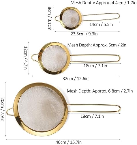 Miniatura 8 de Juego de 3 coladores de malla fina, colador dorado para exprimir jugo de acero inoxidable, juego de 3 coladores de malla fina con asa para cocina,