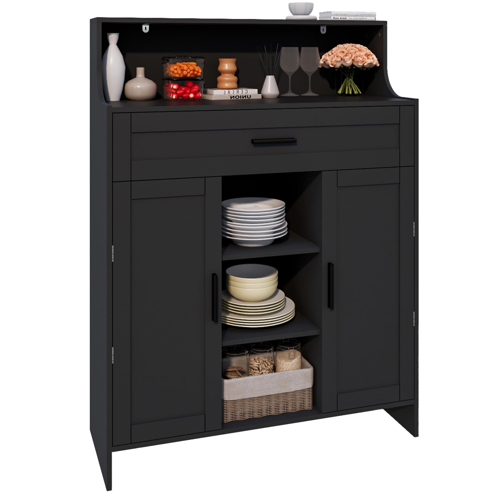 Condition photo showing Good Condition for Storage Cabinet with Doors and Drawers, Kitchen Storage Cabinet with 1 Large Drawer,2 Doors,and 2 Adjustable Shelves,for Bathroom/Kitchen/Living Room/Entrance Hall (Black)