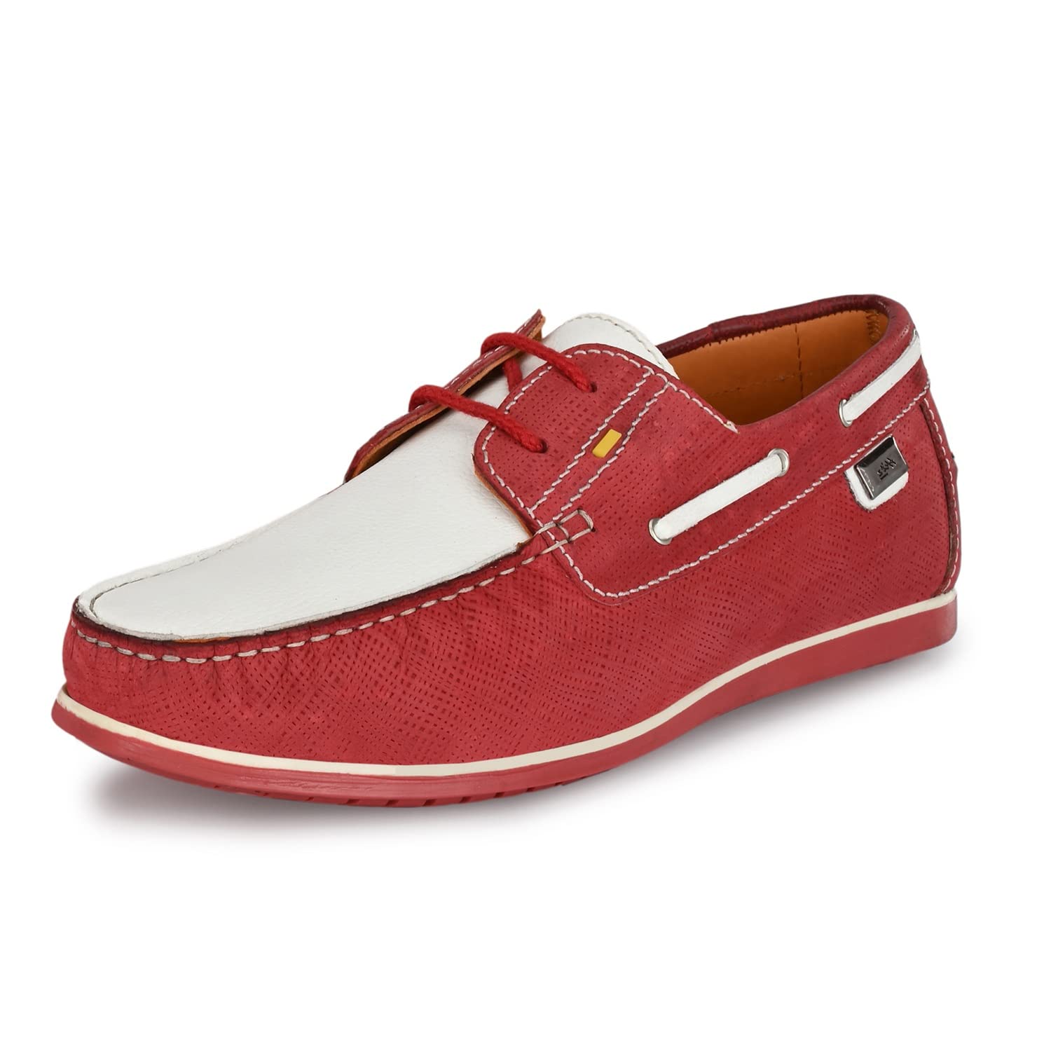 hitz Men's Red Leather Lace-up Boat Shoes-picture-13