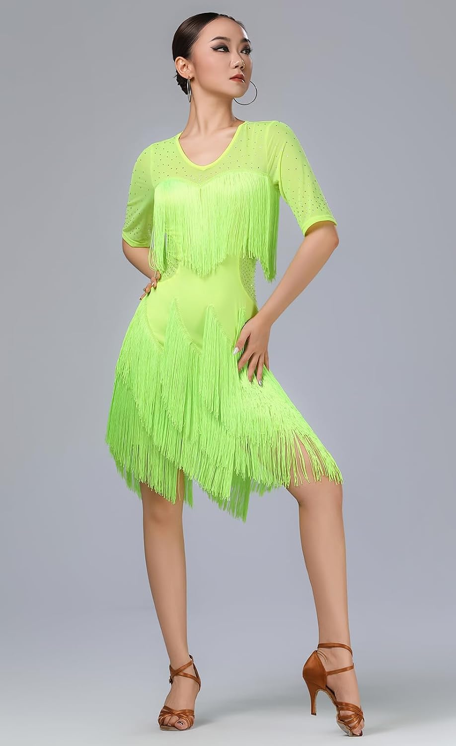 Women's Latin Dance Dress Rhinestone Tulle V-Neck Irregular Fringe Ballroom Party Dancing Dress