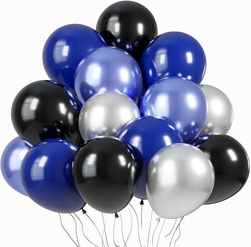 KBZVNAF Black Blue Silver Latex Balloons - 60 Pack 12 inch Royal Blue Black Metallic Blue Silver Party Balloons for Birthday, Baby Shower,