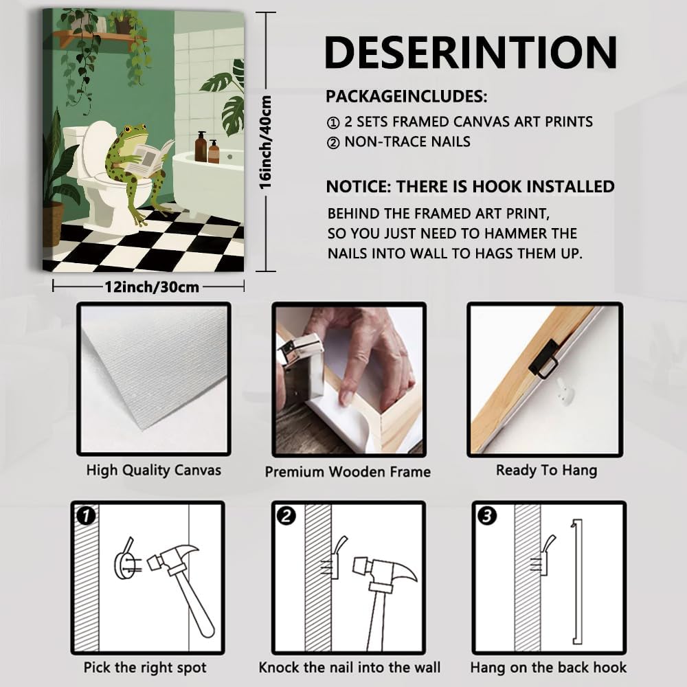 Funny Frog Bathroom Canvas Wall Art, 2pcs Funny Frog in Tub Wall Decor & Sitting on Toilet Decor, Eclectic Animal Poster Canvas Prints, Maximalist Green Bathroom Artwork Decor Pictures Framed 12x16in