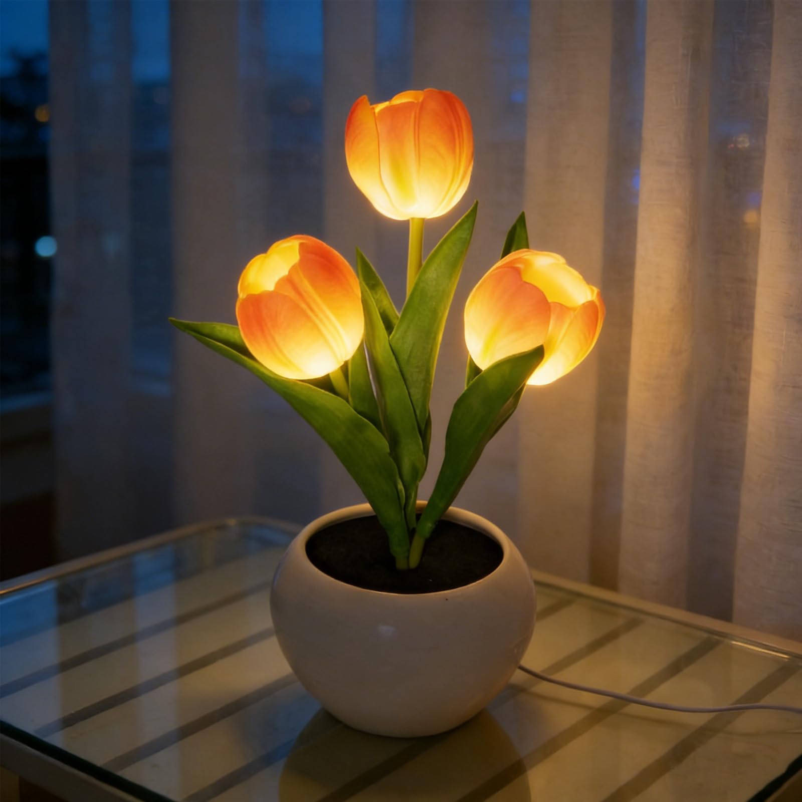 Richaa Orange Tulip Lamp, 3 Flower Tulips Night Light, Flower Tulips Table Lamp Mother's Day Christmas Birthday Thanksgiving Gift for Women Girlfriend Grandma-USB Power