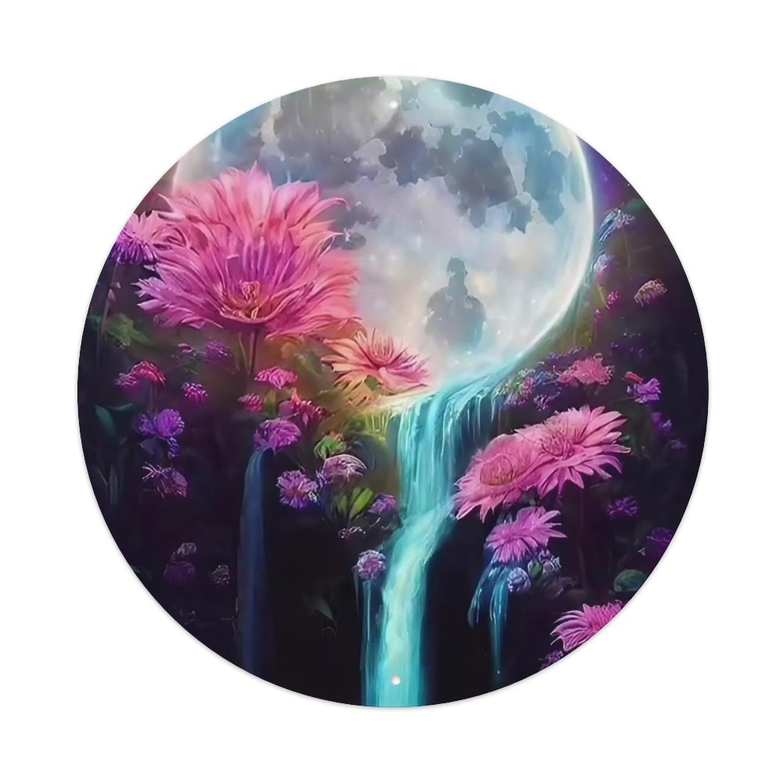 Waterfall Moonlit Falls Amid Blossoms Metal Tin Sign