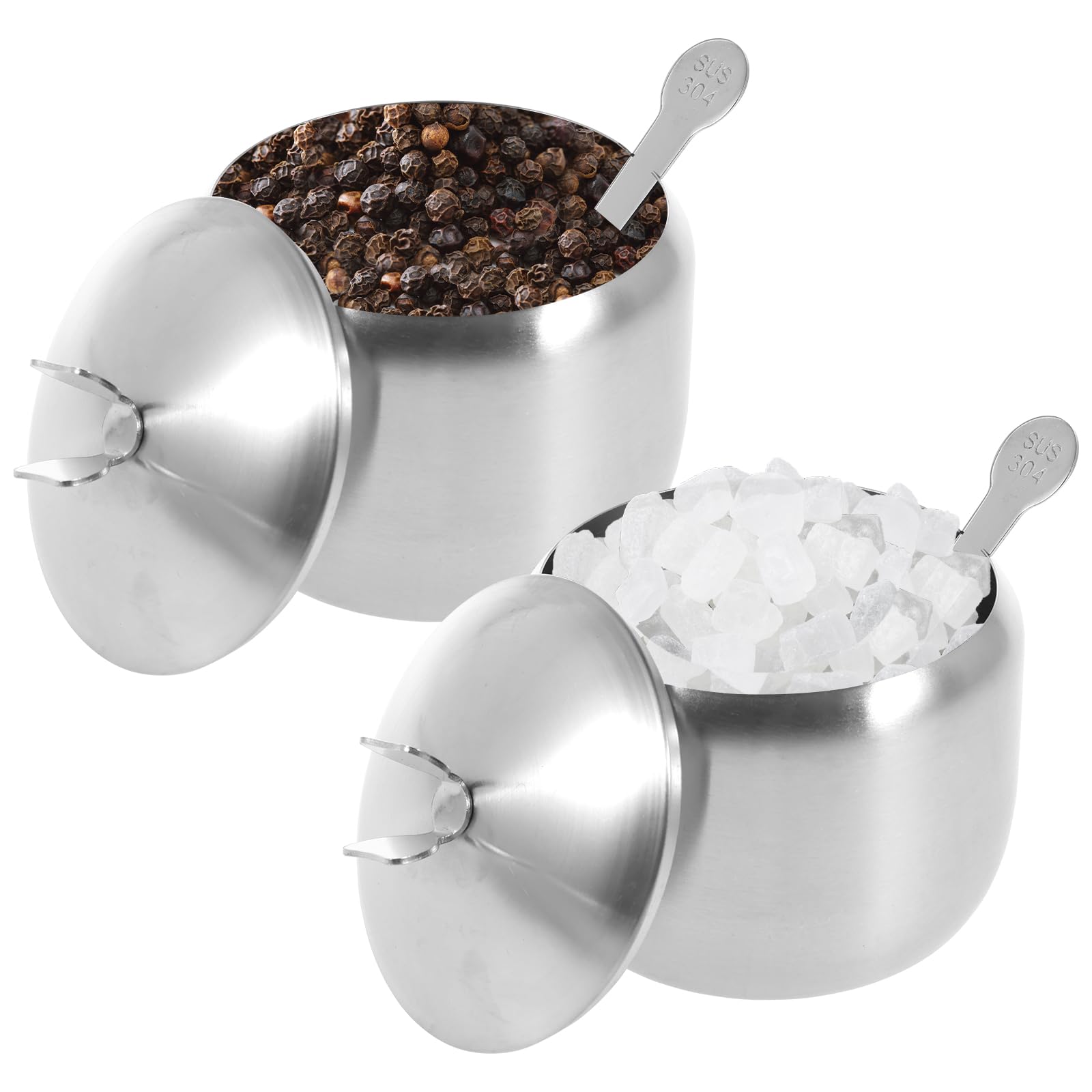 Lot De 2 Pots Condiments Acier Inoxydable 304 - Verre Transparent Avec Cuillères Sel Sucre Épices