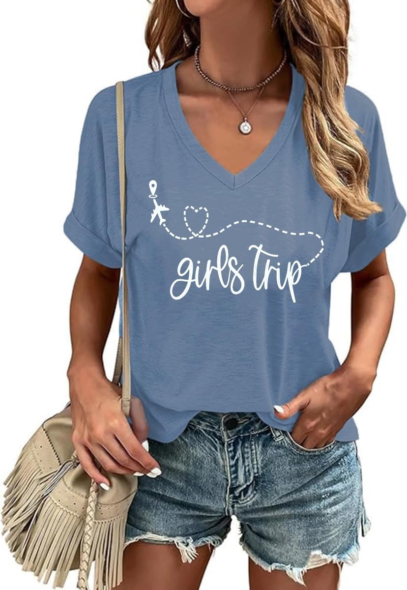 Girls Trip Shirts for Women Plane Travel Graphic Tees Vacation Shirts Letter Printed Hiking Casual Short Sleeve Tee Tops - Image 5
