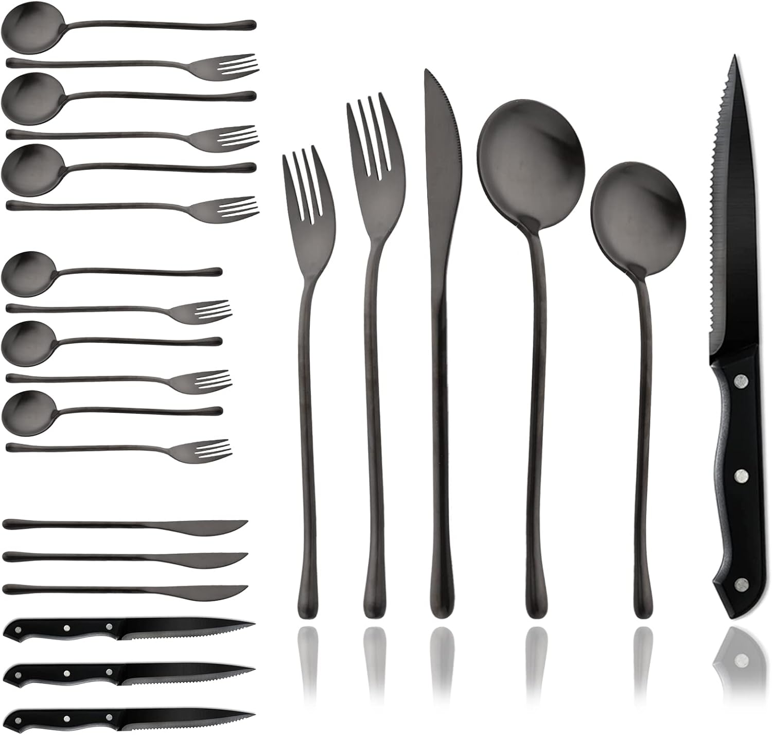 JASHII 24pcs Matte Silverware Set 304 Stainless Steel Flatware Tableware Set, Include Steak Knives, Service for 4, Round Handle, Satin Finish, Dishwasher Safe - Black