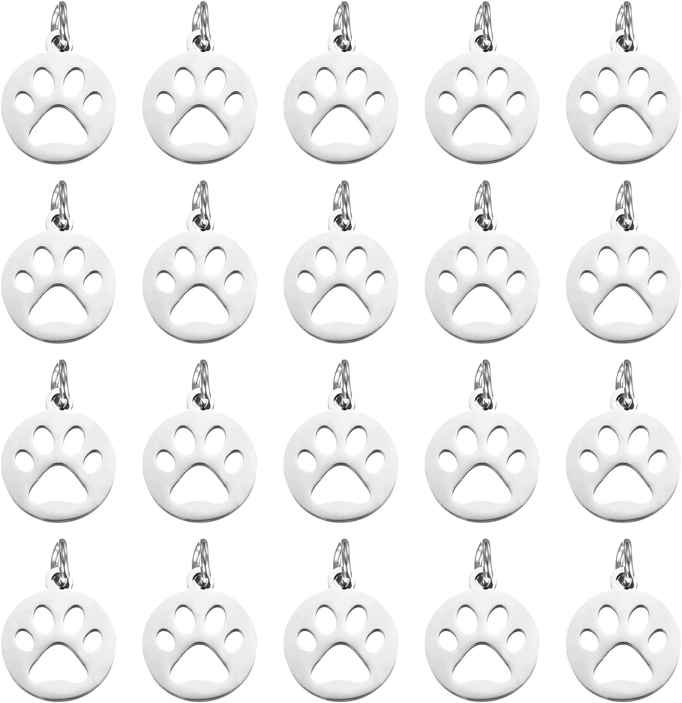 PATIKIL Dog Paw Print Charms 3mm, 20 Pcs Round Cat Dog Paw Pendant Cute Hollow Pet Animal Footprint Pendants Keychain Charm for DIY Jewelry Making Necklace Bracelet, Silver