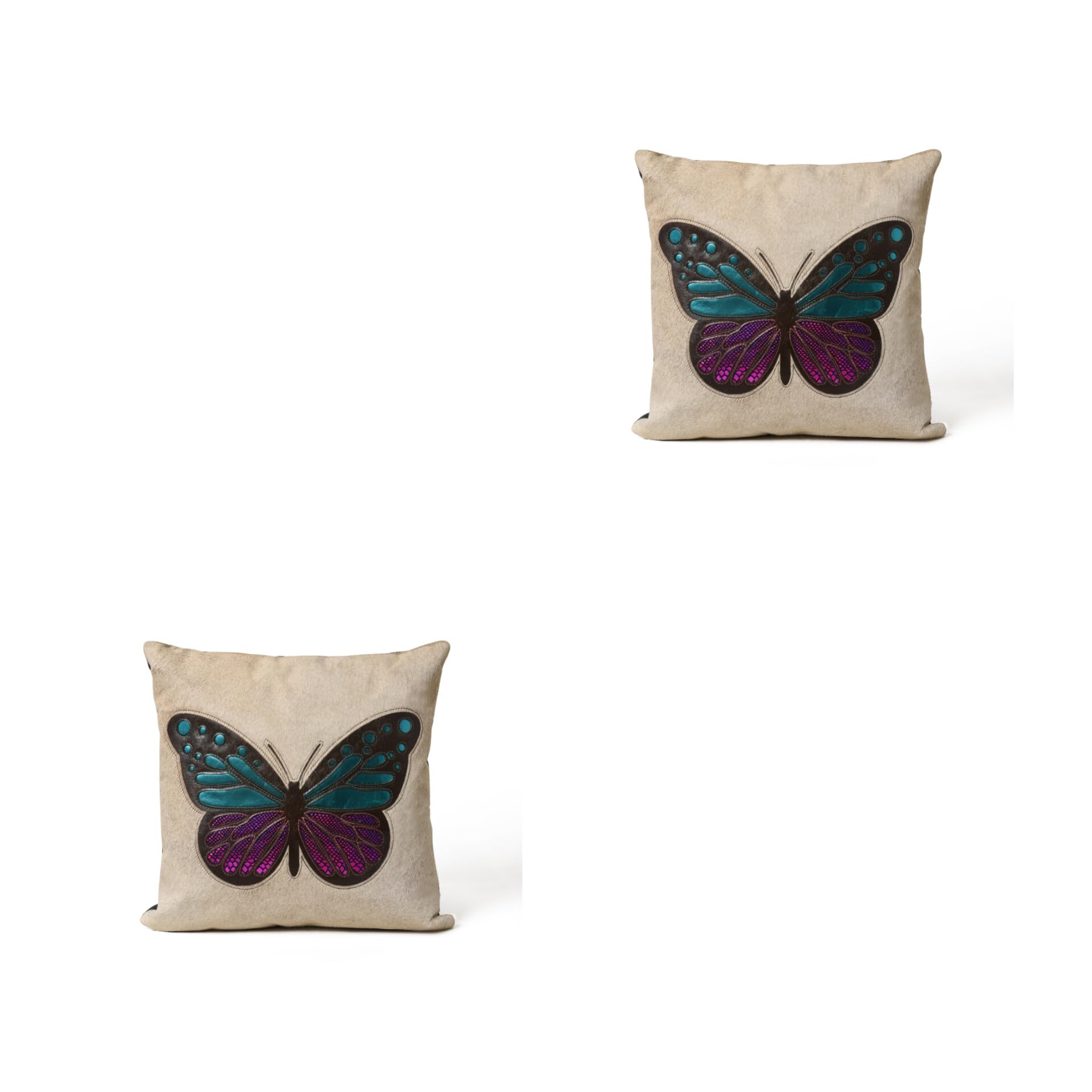 MOUSM Real Leather Cushion Cover Engrave Design Cut of Butterfly havingTeal and Pink Metalic Leather Inlay on White Real Hair-on Set of (2)