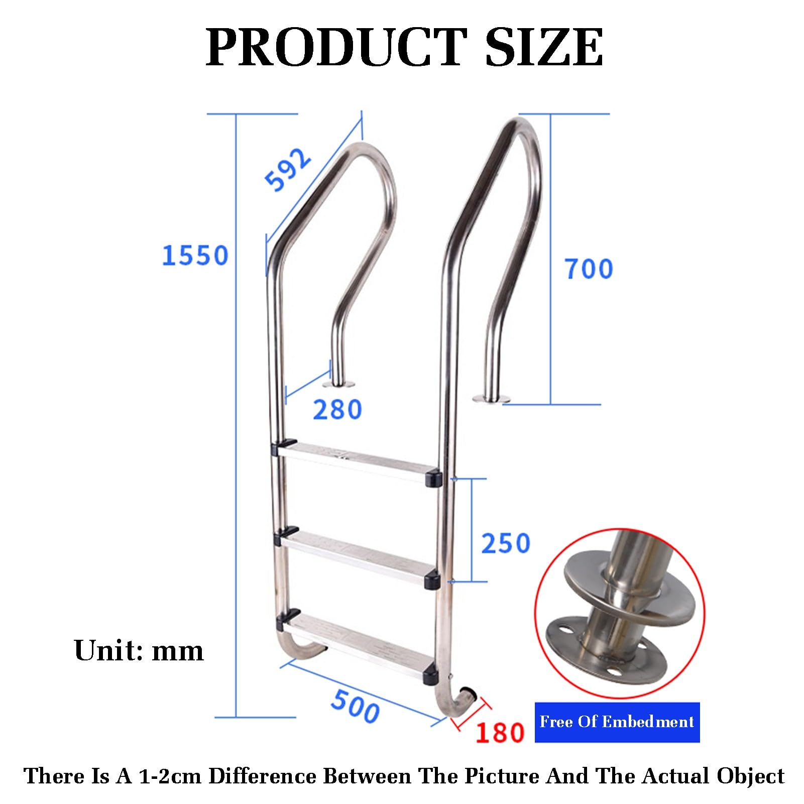 Escalera para Piscina elevada con pasamanos para Piscinas enterradas, soporta hasta 250 kg, con Base de instalación rápida, Apta para Parques acuáticos Interiores y Exteriores.