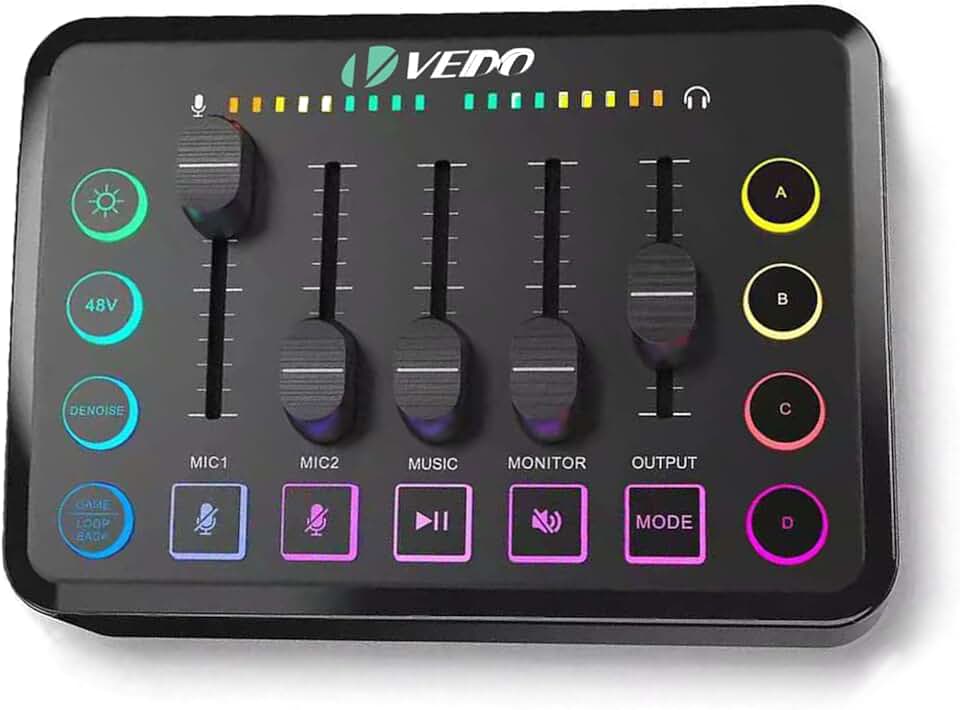 Mesa de Som para Jogos, Interface de Áudio Recarregável com RGB e Interface de Microfone XLR, Alimentação Fantasma de 48V, para Podcast/Gravação