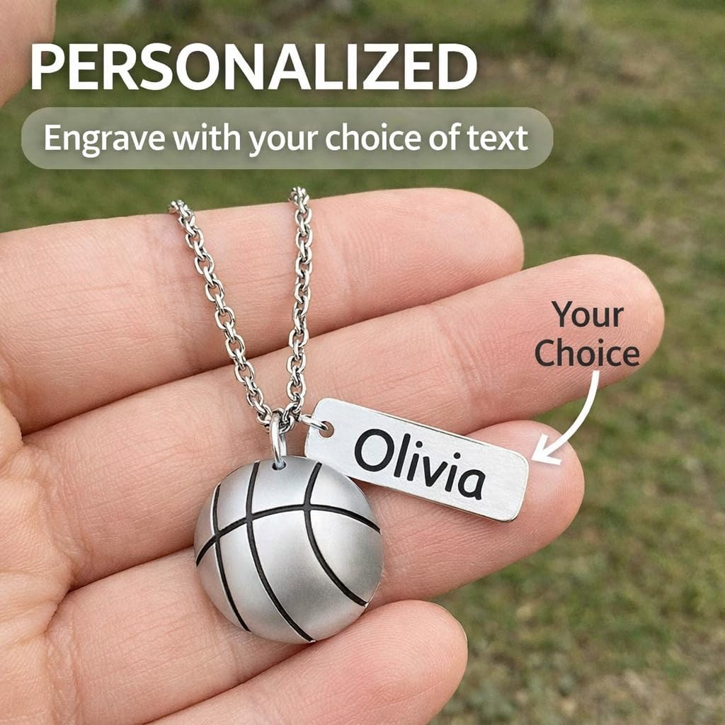 Sportybella Personalized Engraved Basketball Necklace – Custom Pendant Gift with Name Charm, Adjustable Chain Extender | Girls Basketball Jewelry for Players and Fans