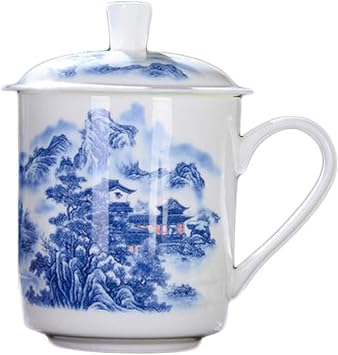 نظام تخمير أوراق الشاي الصينية Gongfu السائبة - كوب شاي من البورسلين الصيني العظمي مع غطاء كوب الشاي وكوب جبل التنين الأزرق وكوب الماء