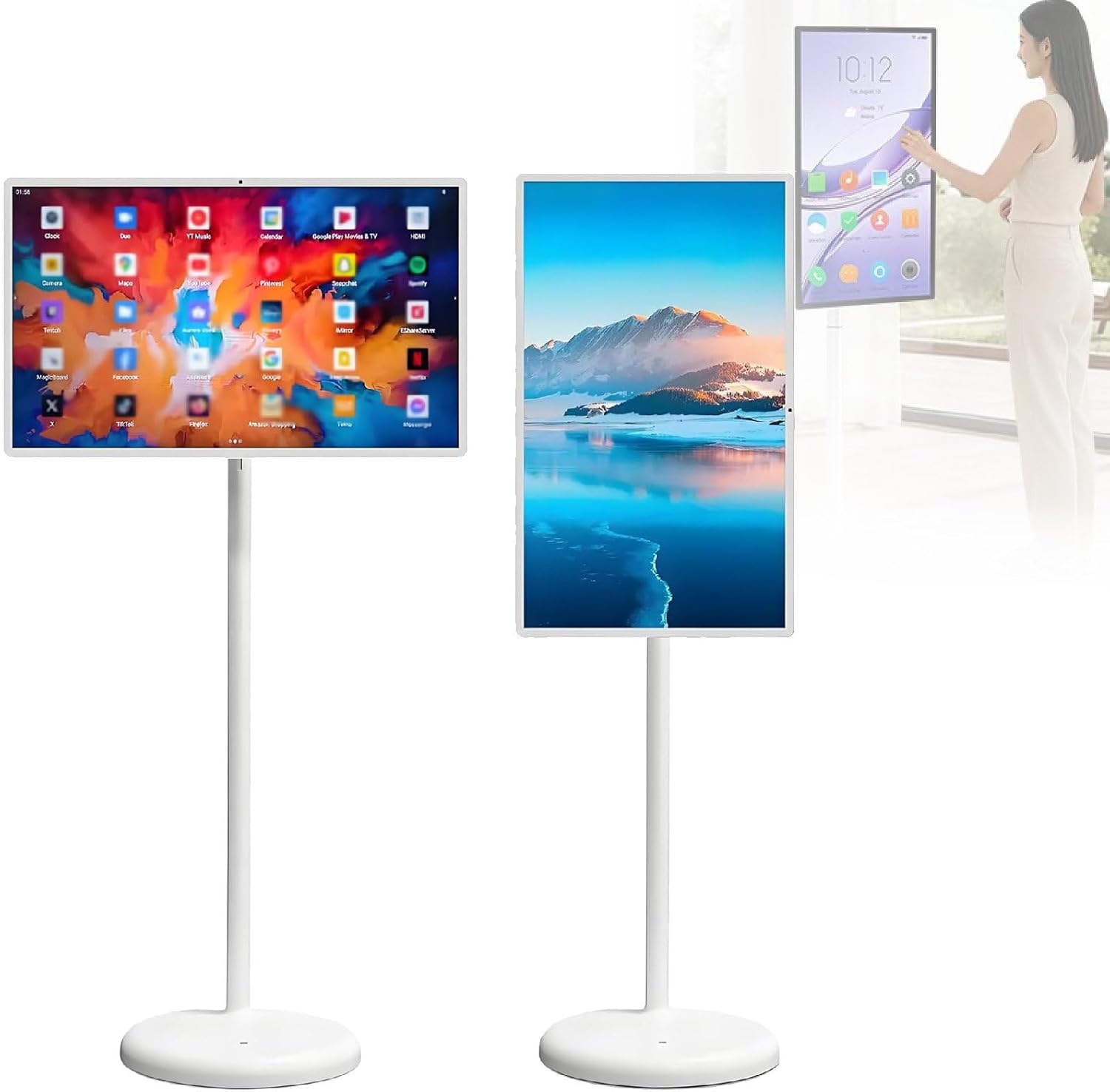 32-Inch Portable Smart TV on Wheels, Rolling TV with Touch Screen Monitor, Android 15 OS, Full Swivel Rotation, Built-in 38400mAh Battery, Remote Control