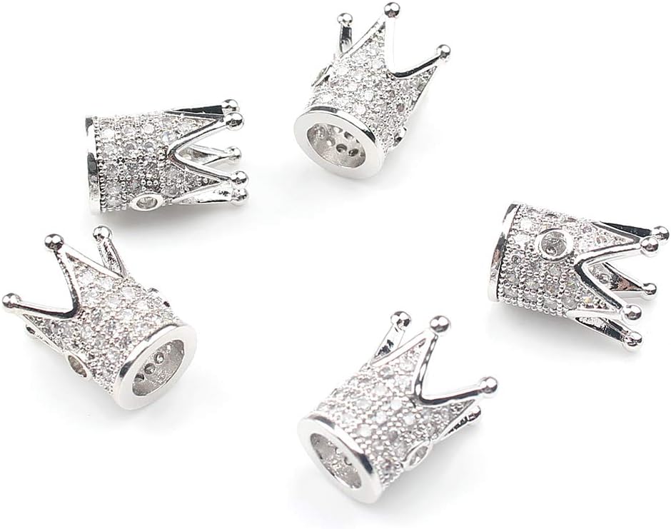 Song Xi 6pcs Crown CZ Micro Pave White Zircon Beads 12x8mm Cubic Zirconia Beads for Jewelry Making(Silver)