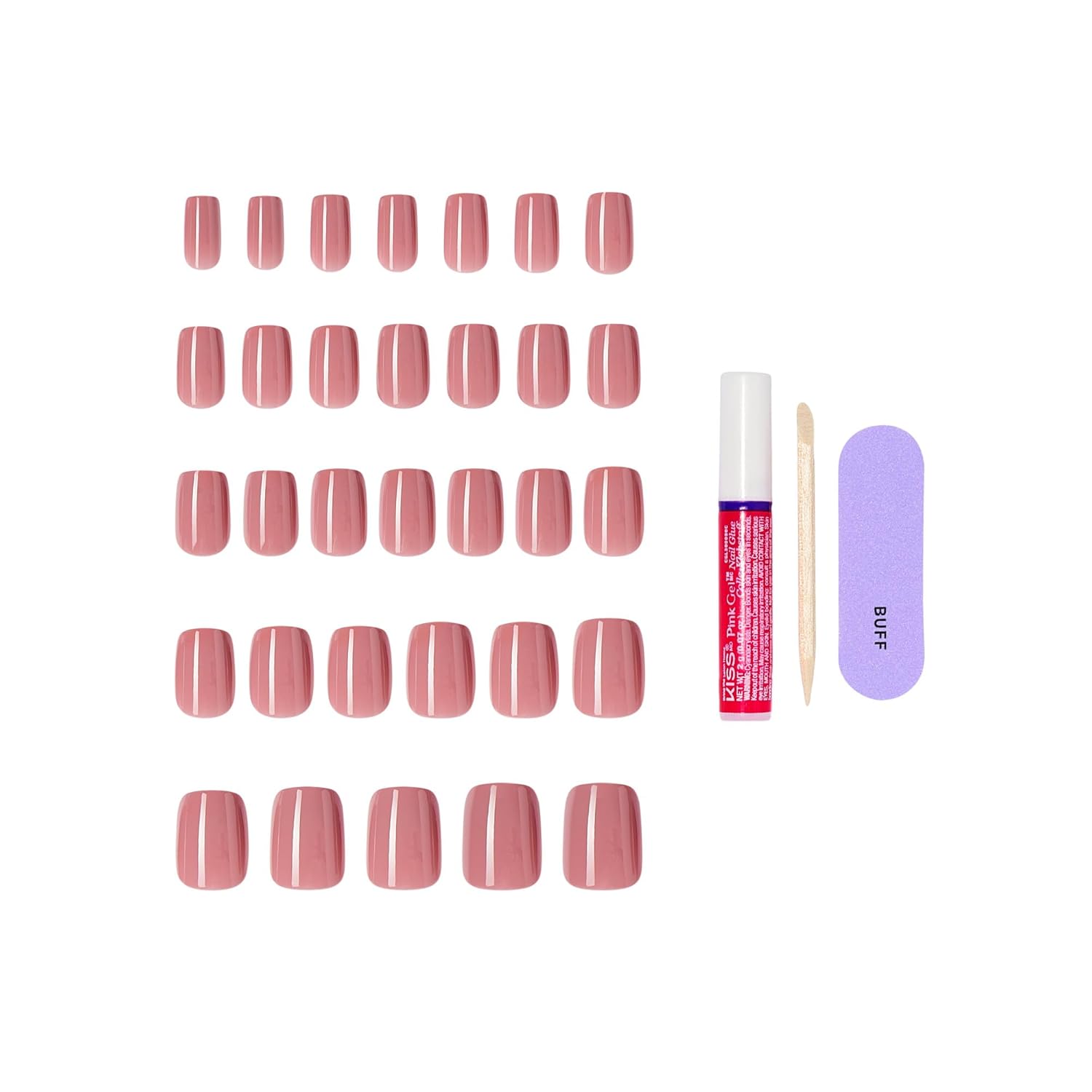 Kiss Core, Press On Nails, Nail glue included, 'Felicity', Pink, Short Size, Squoval Shape, Includes 32 Nails, 2g Glue, 1 Manicure Stick, 1 Mini File