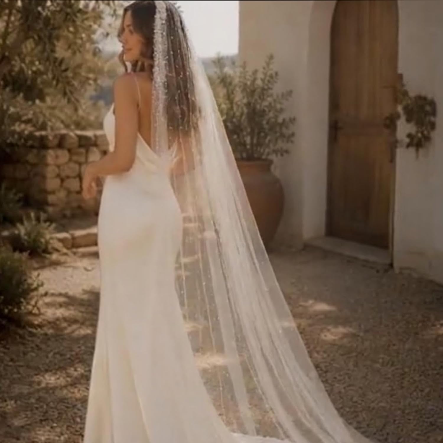Pearl Cathedral Veil for Bride, Ivory Wedding Veil with Pearl Edge, Long Tulle Bridal Veil with Comb, Cathedral Length Veil