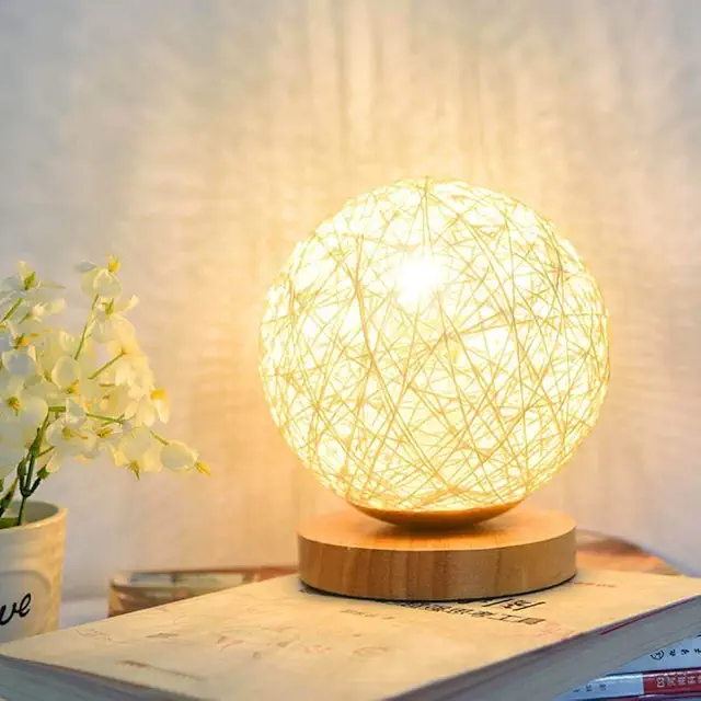 Fantasee Rattan Ball LED Table Lamp - Dimmable USB Bedside Light in Beige